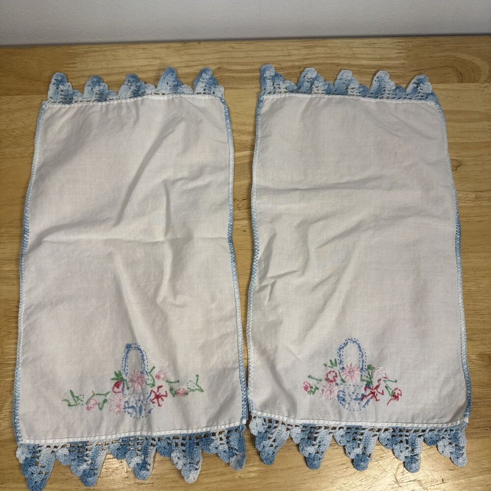 Embroidered Dresser Scarf Runner Flower Easter Basket Crochet Edge Set 2 13”x7” - Picture 9 of 9